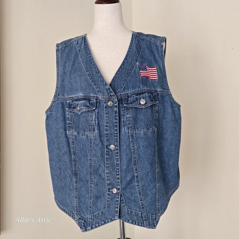 Vintage 80s 90s American Flag Lightweight Cotton‎ Denim Vest Republic 20W/20M